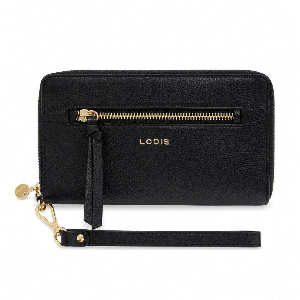 Lodis Ellie Single Zip Wristlet Black Pebbled Leather RFID Gold Hardware Wallet